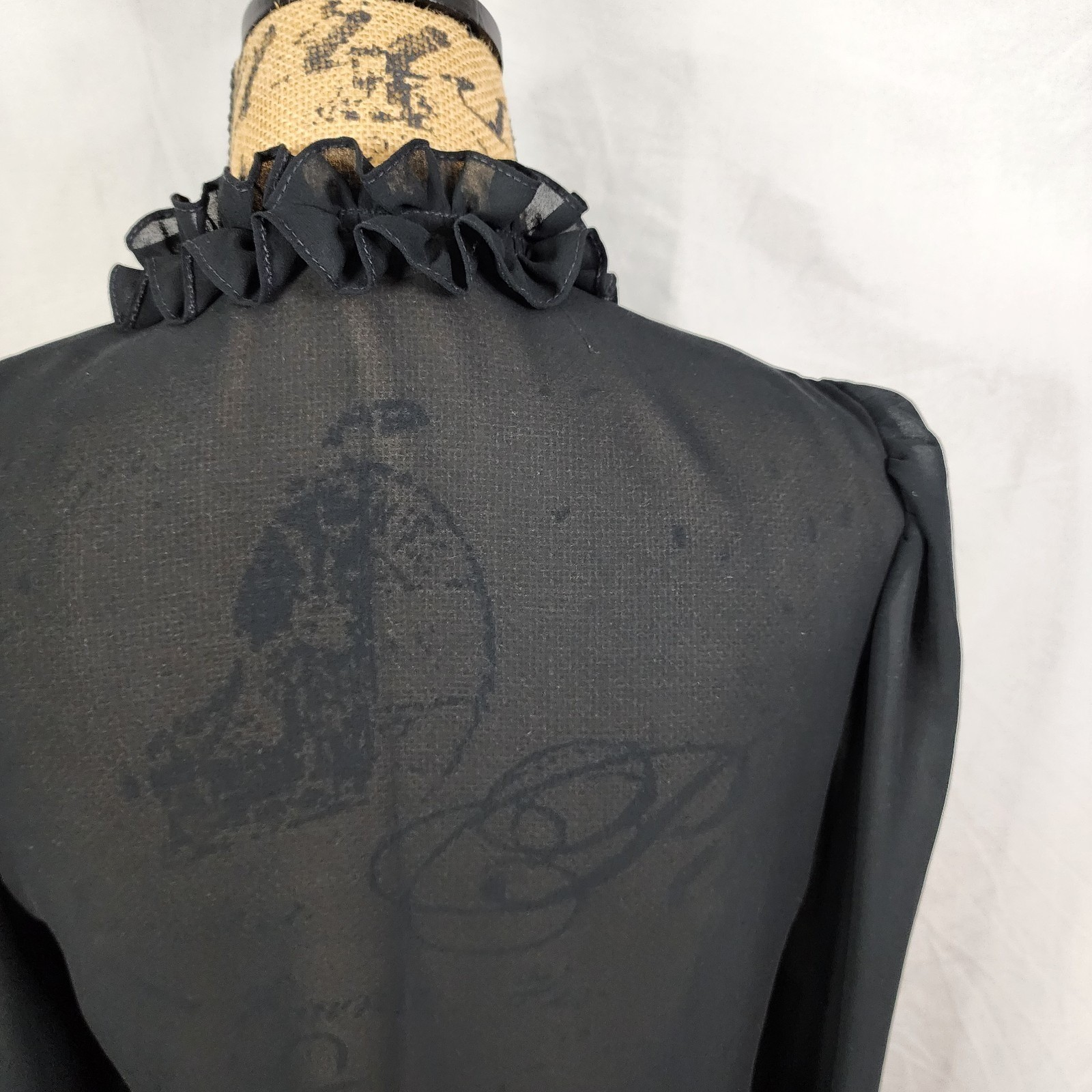 Vtg 70s JAMBOREE Size Small Couture Sheer Black Pearl Button Ruffle Neck Blouse
