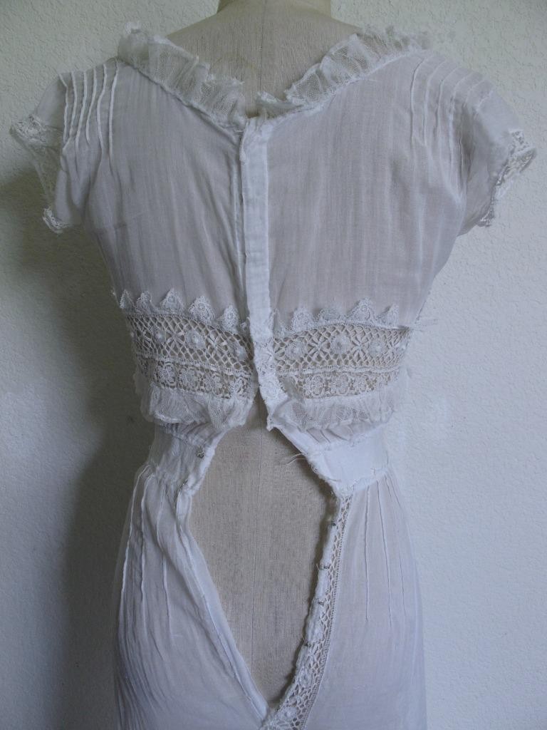 Antique Victorian Edwardian White Sheer Voile Dress XXXS Lace Trim Pintucks