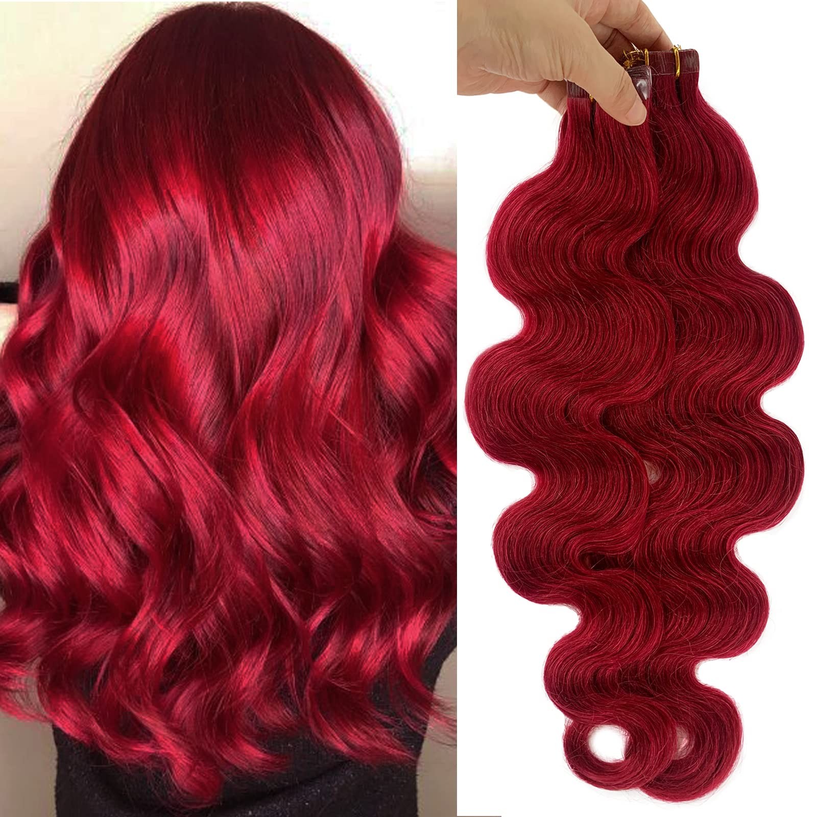 Burgundy Body Wave Tape-in Human Hair Extensions 22&Prime; Remy 20pc