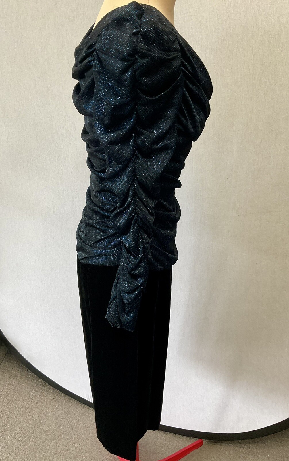 Vintage 1980s Evening Cocktail Soap Opera Dress Blue Glitter Black Velvet Medium