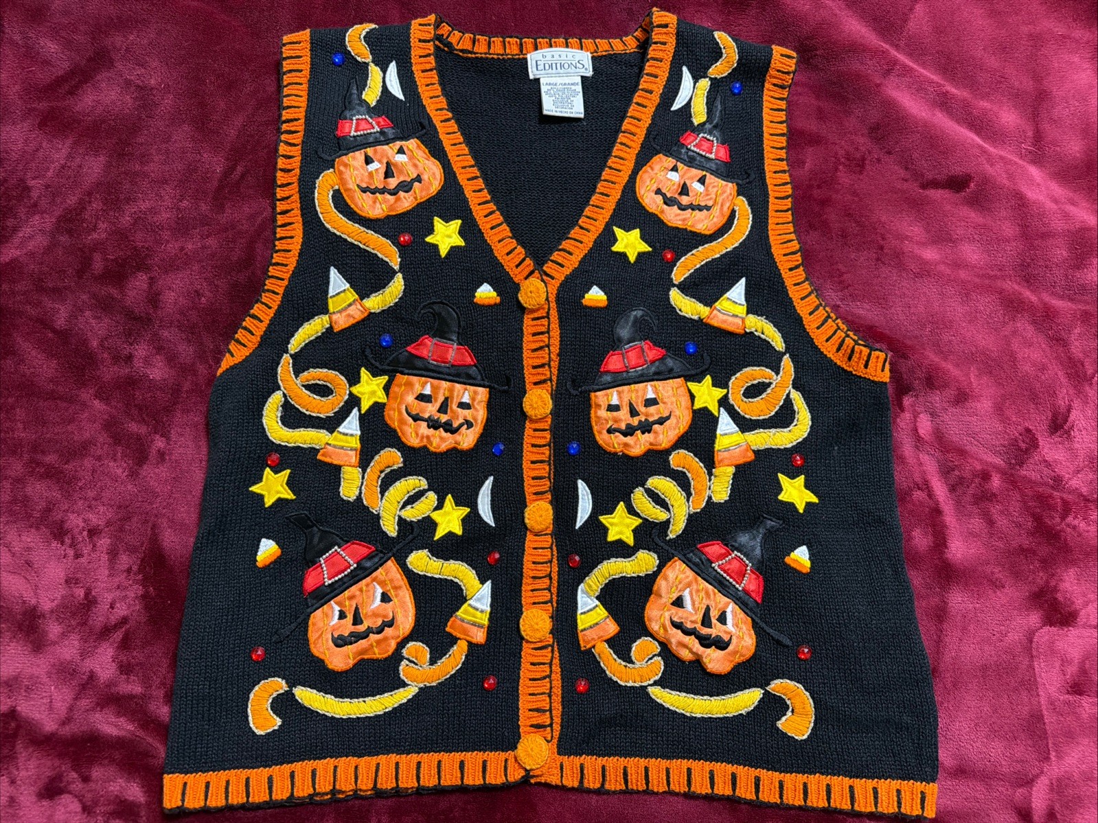 Women&rsquo;s Vintage Basic Editions Black/Orange Embellished & Beaded Halloween Vest