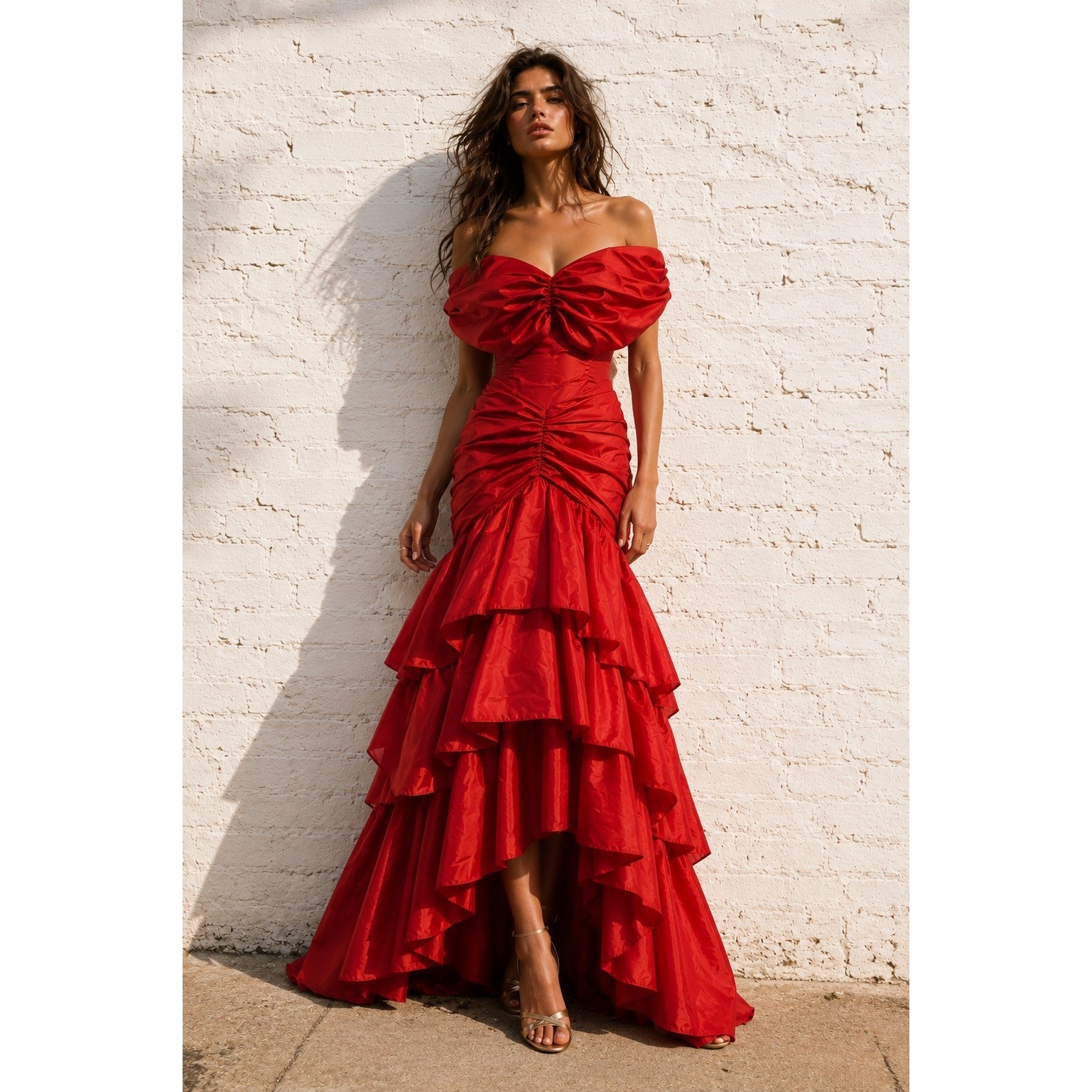Vintage What&rsquo;s Up by Carol Red Taffeta Ruffle Prom Gown 80s Formal Dress Small 8