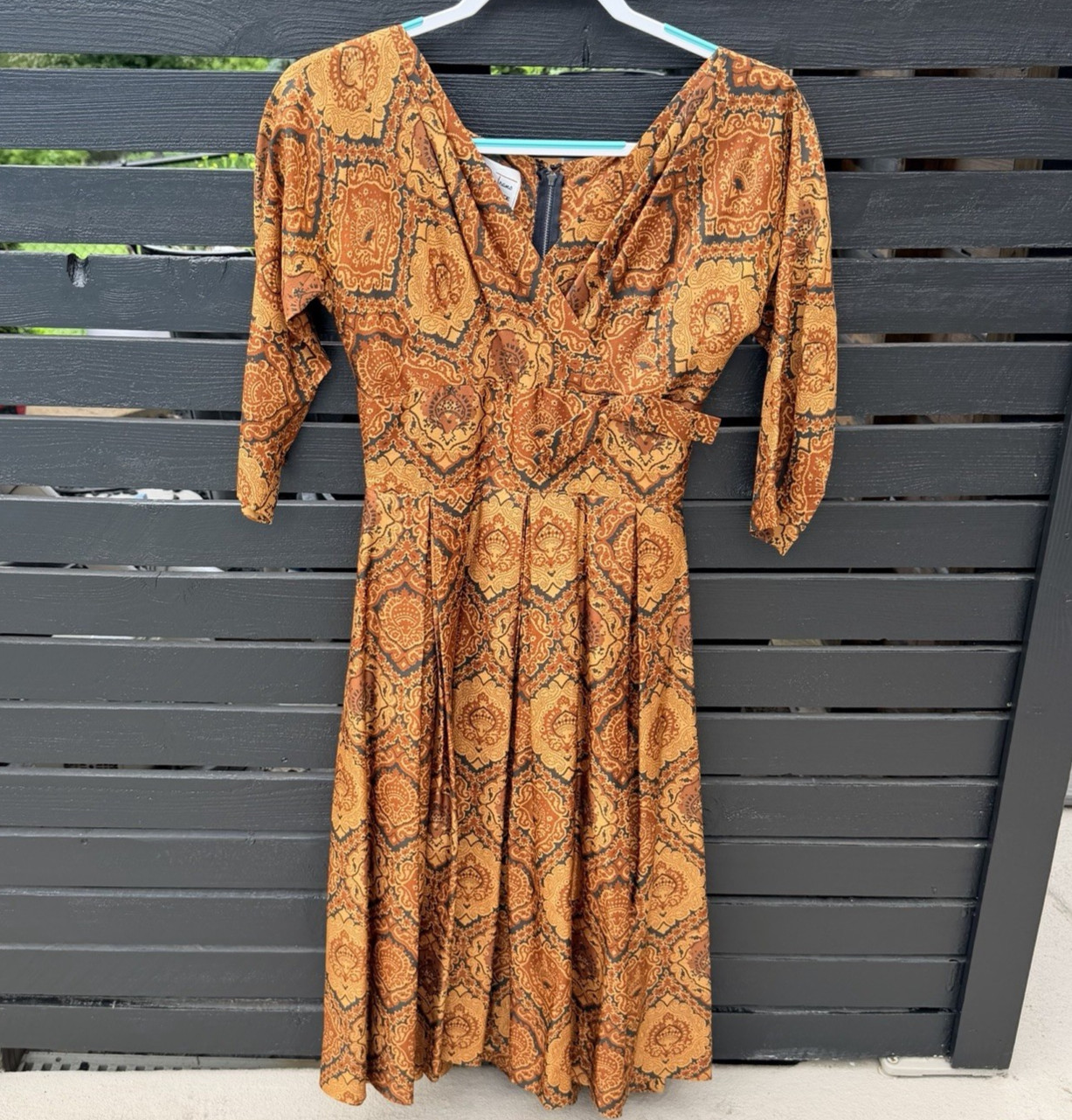 Vintage 50s 60s Fit & Flare Evening Dress Swing Skirt XS Copper Brown Paisley