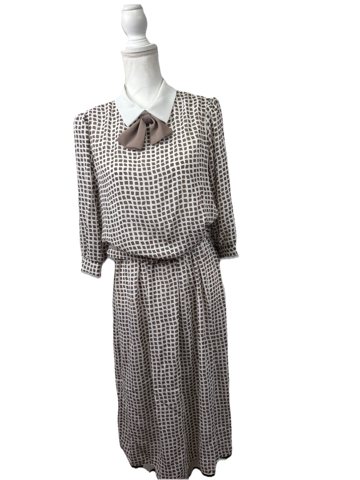 Vtg 70s Brown Geometric Semi Sheer Poly Chiffon Secretary Dress Buckle Belt M/L
