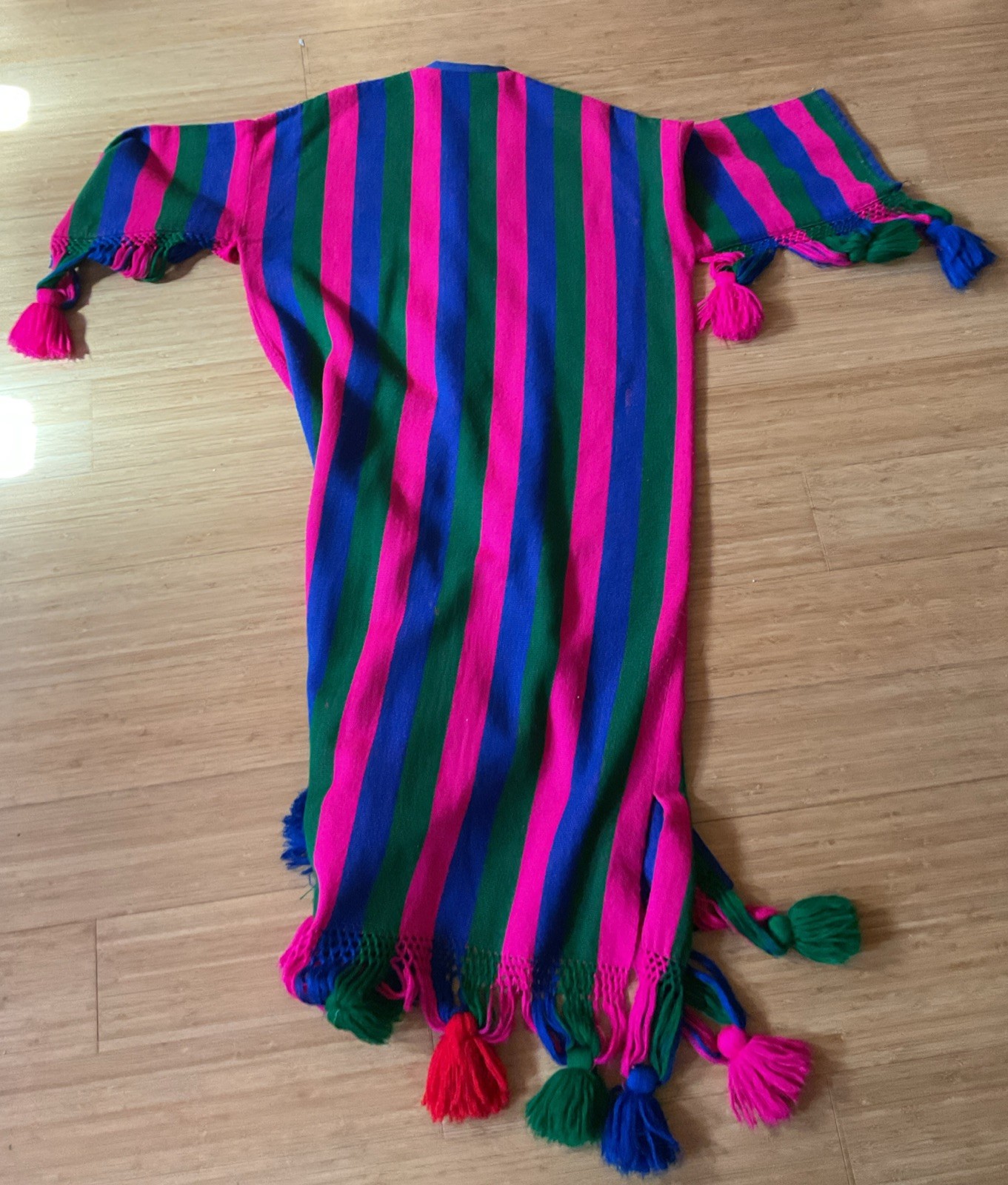 VTG Josefa Boho Caftan Maxi Dress Multicolor Pink Green Blue Pompoms Belt, Small