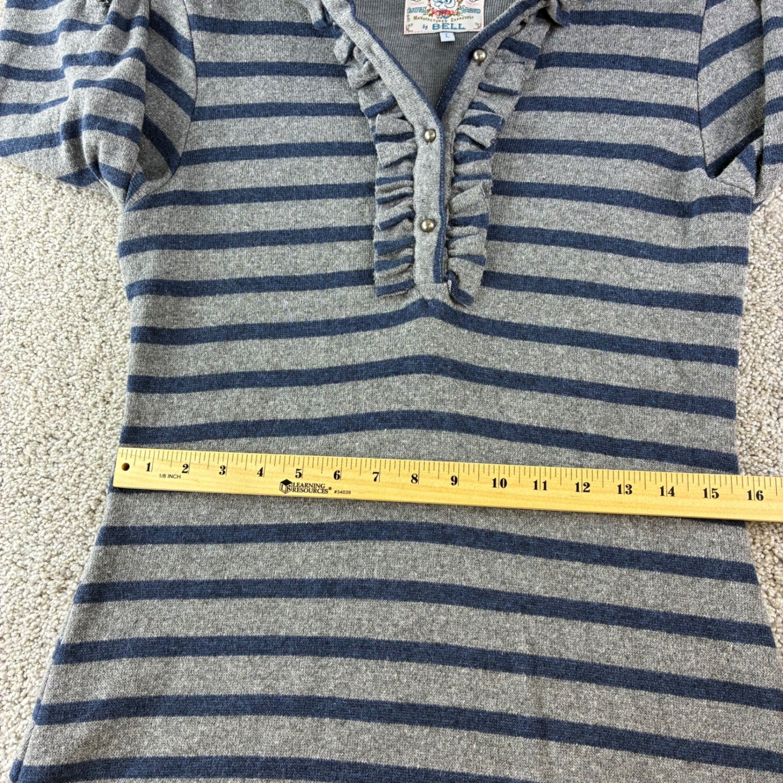 Fine Garments by Bell Wool Blend Striped Dress L Blue Striped Ruffle Neck A Line
