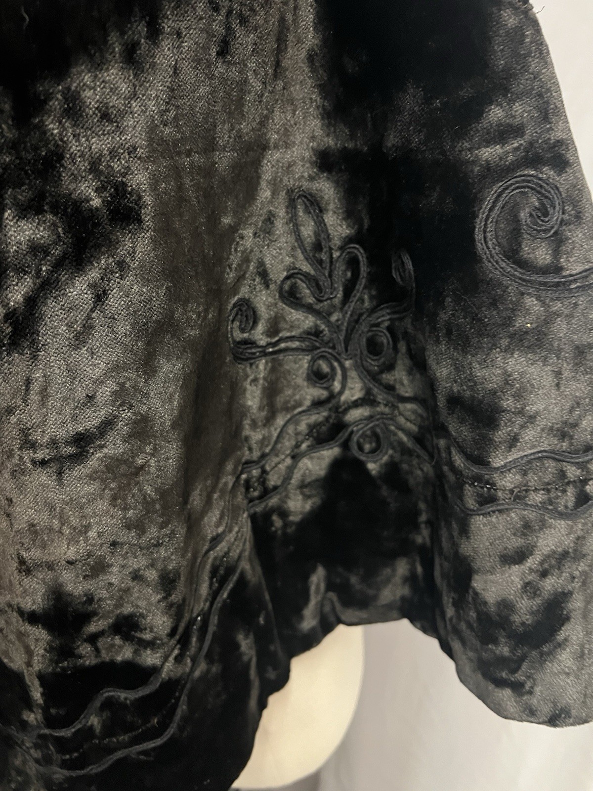 1890’s Antique Black Plush Velvet Cape Narrow Soutach & Jet Bead Trim