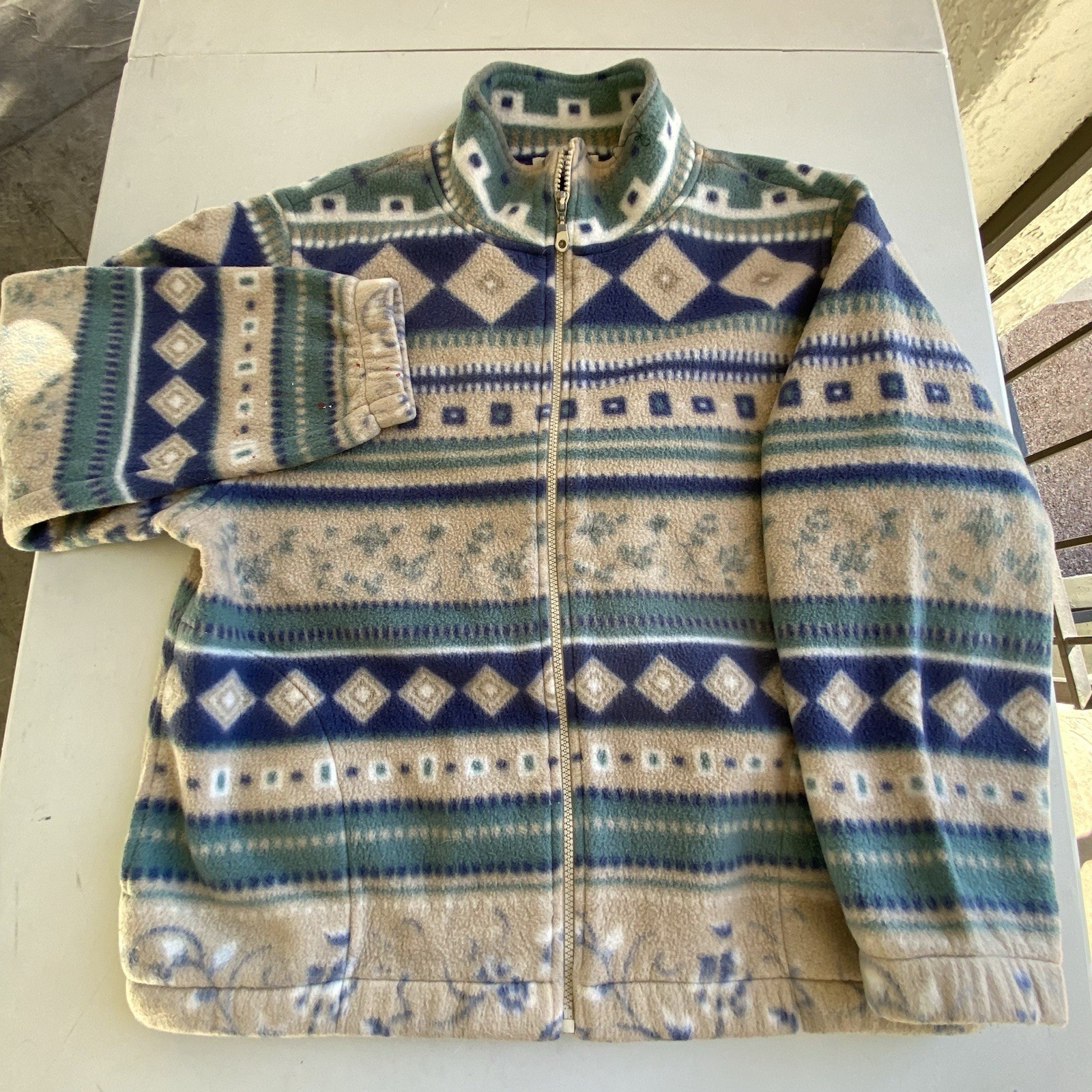Vintage Fleece Jacket Hong Kong Aztec Geo Print Women’s Petite Large 90s Ski