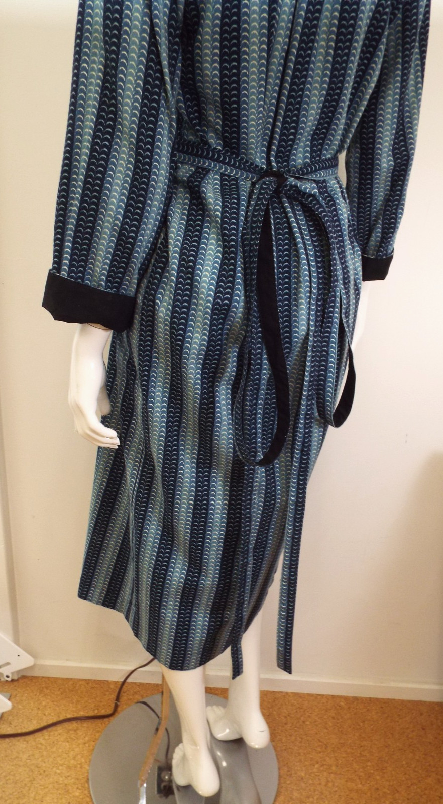 Vintage 1970s KENZO Jap Kimono Long Robe Dress 38 Blue Cotton Wrap Front Belt