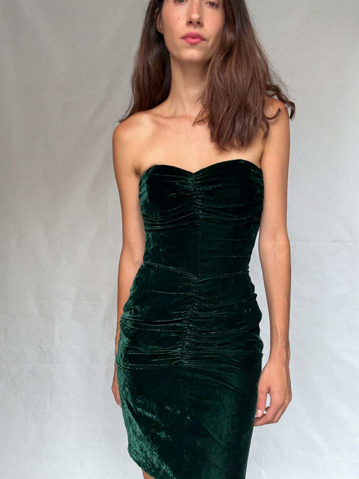 Velvet silk Christina Stawboliey deep green dress, bustier body, hourglass silho