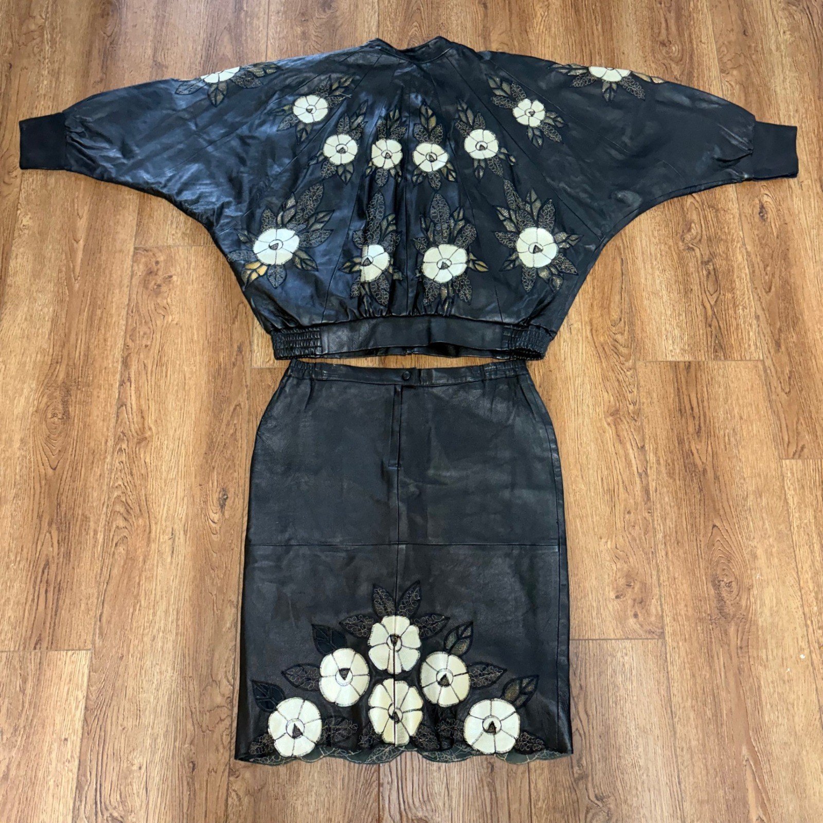 Vintage 80s Black Leather Floral Appliqué Matching Set Batwing Jacket & Skirt XL