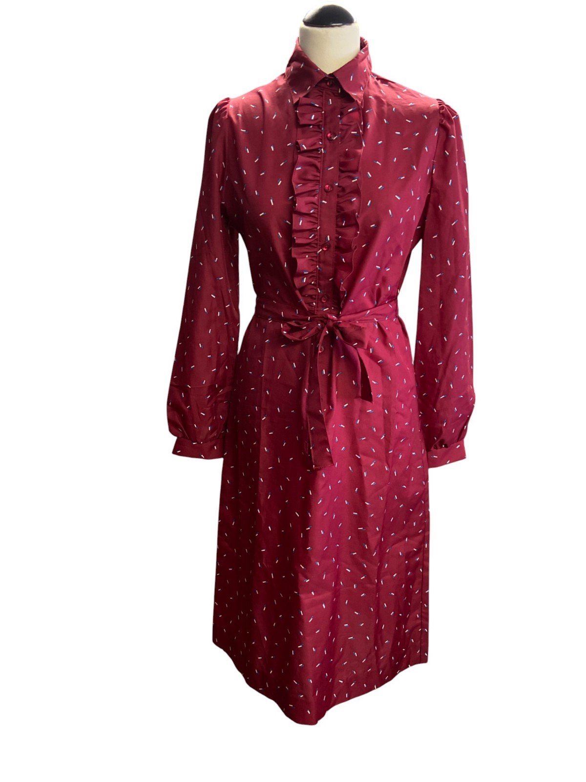 Women&rsquo;s 70s Vintage feminine dress in a Bordeaux print with ruffles | Size S