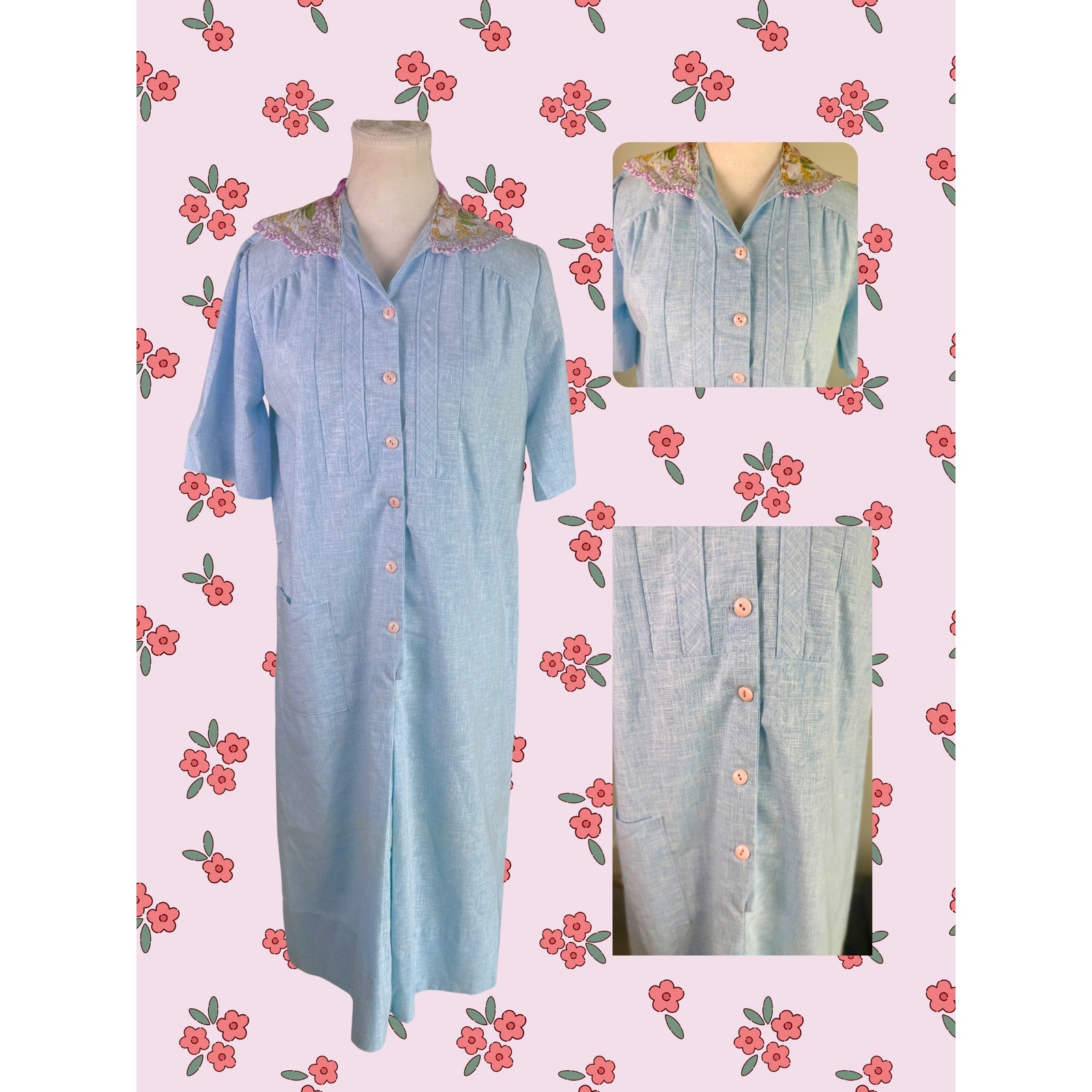 Volup Vintage 50s Sky Blue Scallop Floral Collar Cotton House Shirt Dress XL