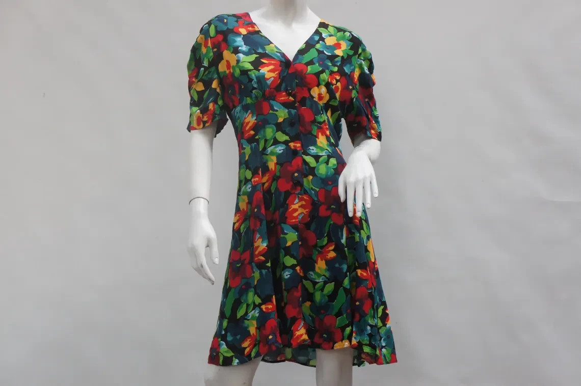 Vintage 90s Bright Floral Print Dress By Joni Blair Size Small-Medium Boho Retro