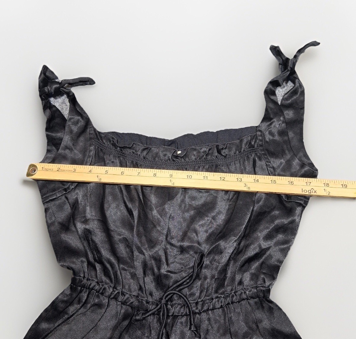 Vintage Byer California Black Nylon Wide Leg Jumpsuit Tie Shoulder Ruffle Small