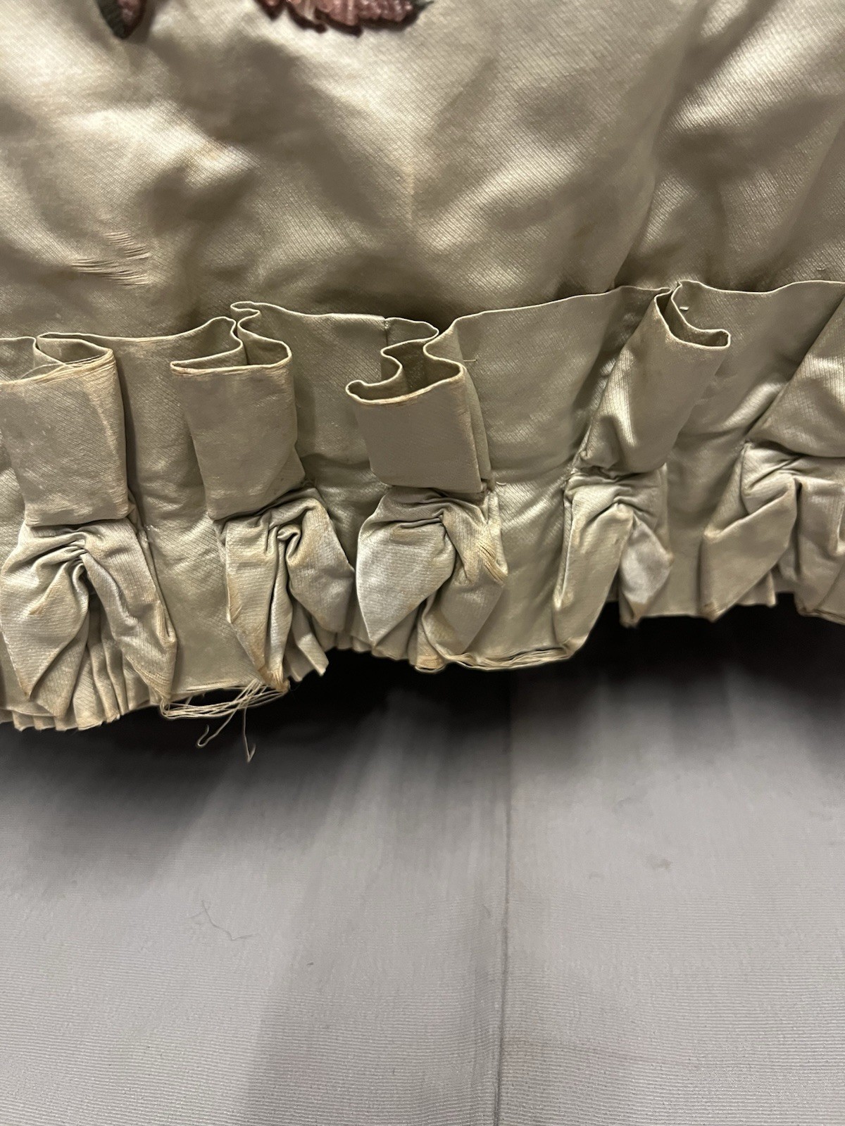 1880’s Light Celery Green Silk Bustle Skirt – Heavy Embroidered & Beaded Florals