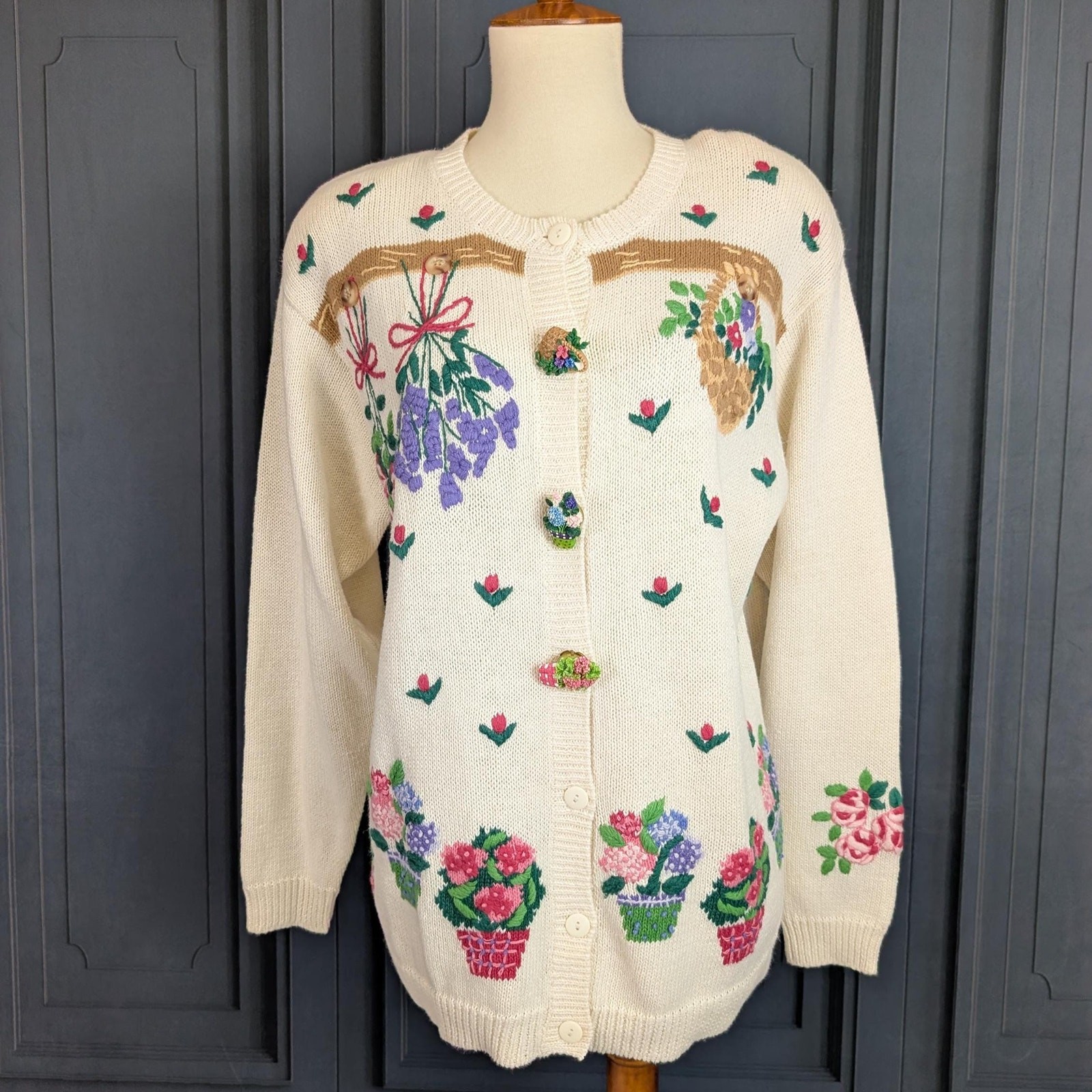 NWT Vintage 90s Garden Flower Sweater Ramie Cotton Cardigan Quaker Factory Small