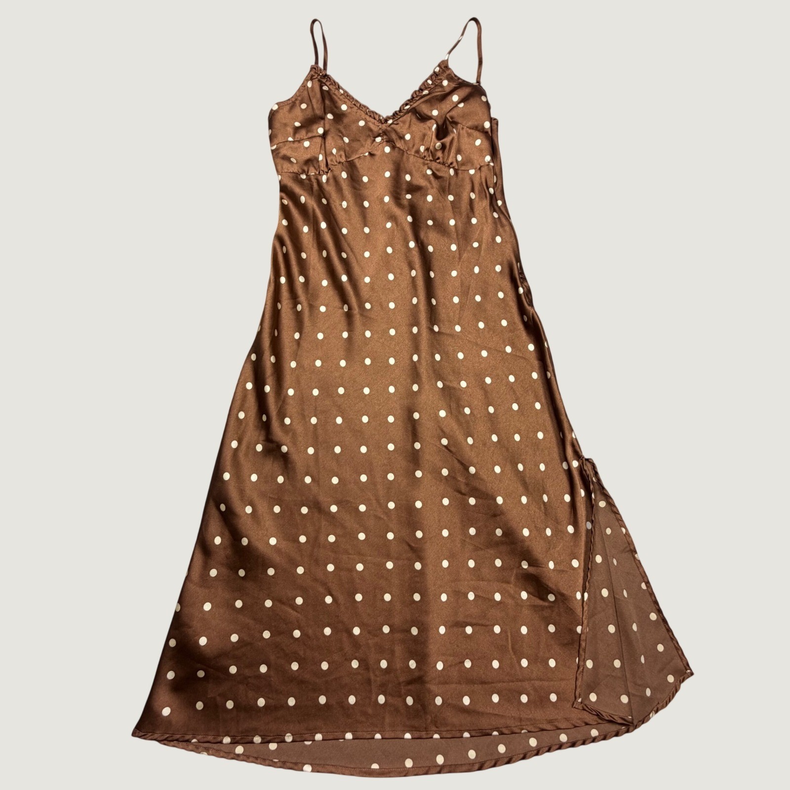 Brown Polka Dot Slip Dress Grunge Minimalist Size M Ruffle Retro Y2K