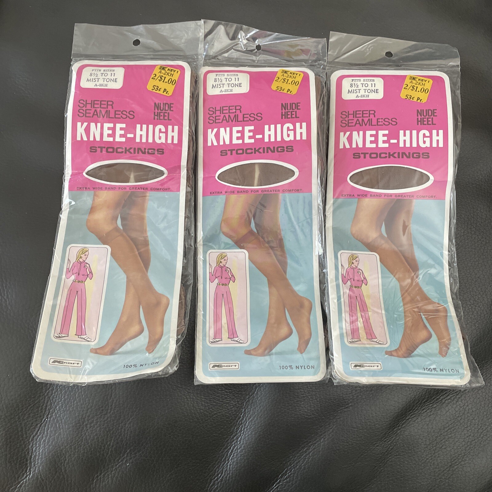 VTH 3 Pair 70’s Kresge Kmart Knee High Stockings Mist Tone Beige Sz 8 1/2-11 NOS