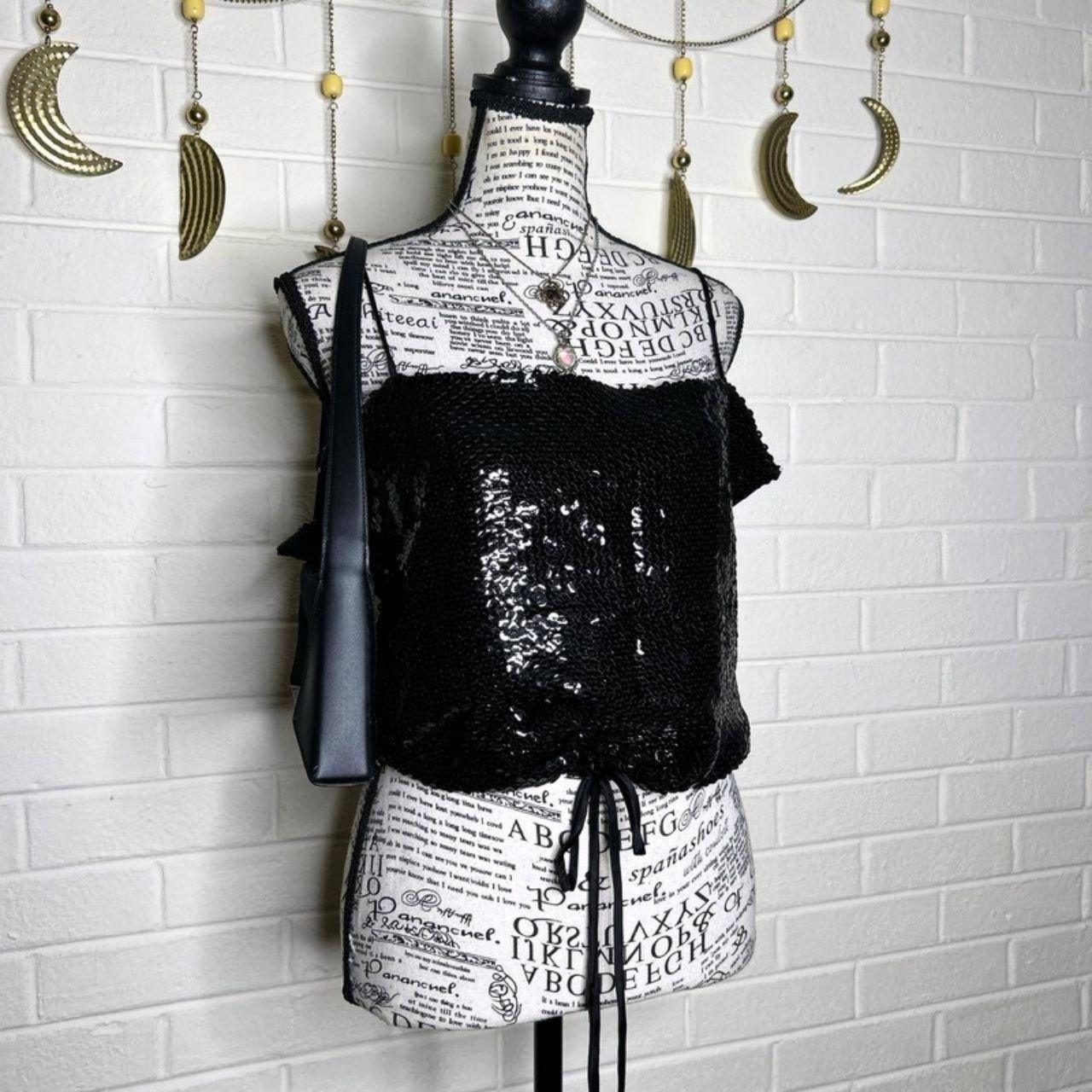Siam NY Vtg 70s Disco Black Sequin Glam Rock Cropped Club Tank Top Size Small