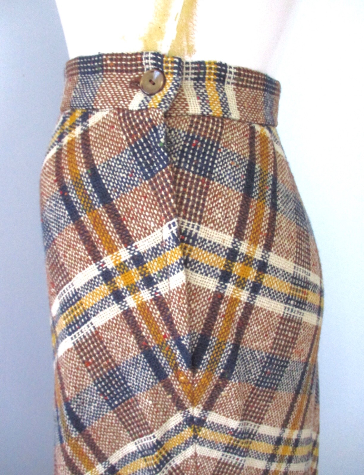 Vtg 60s 70s Mod Brown Gold Plaid Tweedy Acrylic A-Line Maxi Hostess Skirt 25 in.