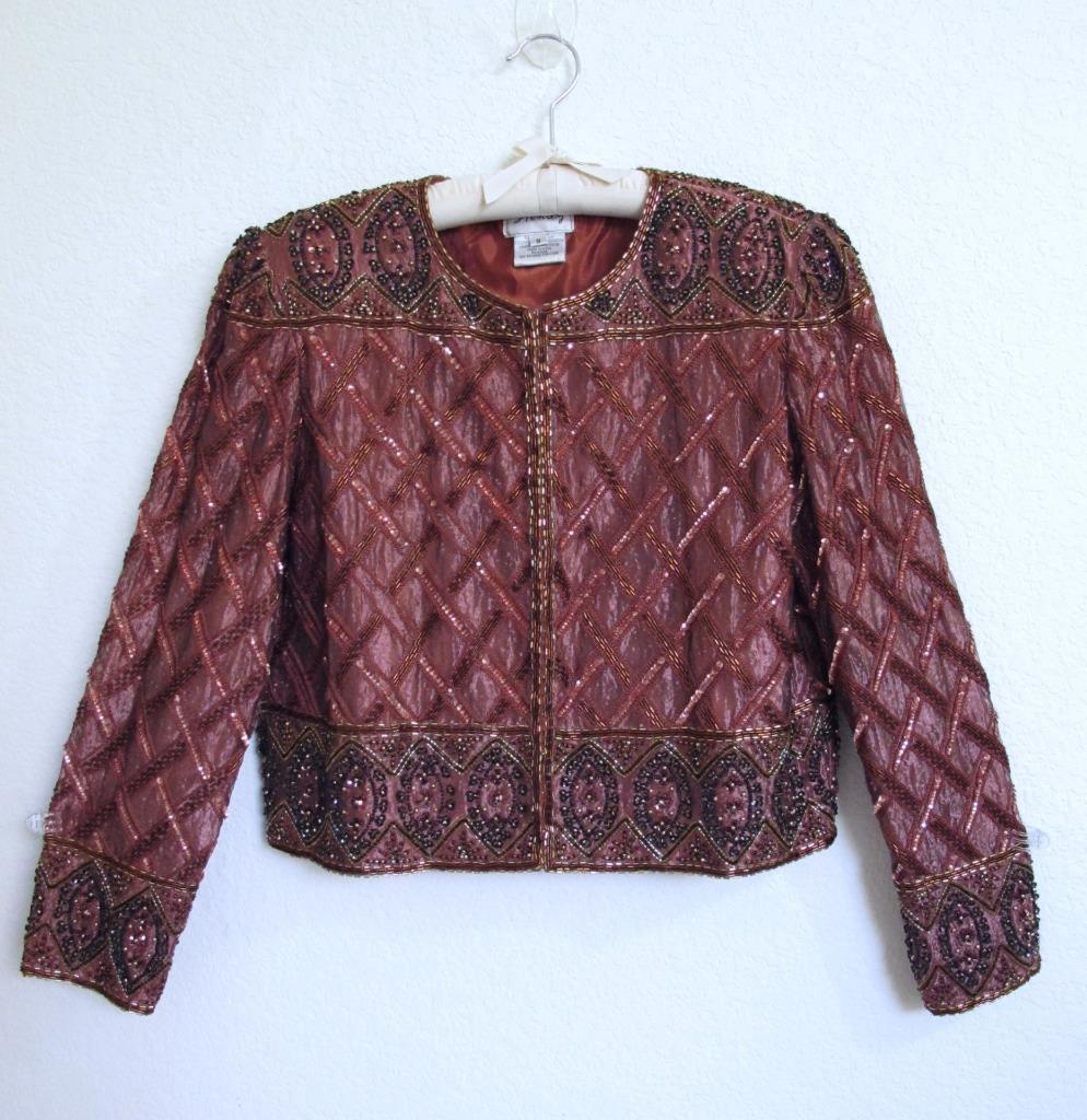 Vintage 80s Stenay Copper Brown Silk Trophy Sequin & Bead Jacket S Glam Party