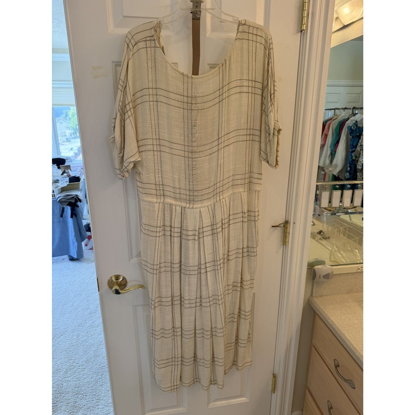 Plaid Button Front Midi Dress with Belt Cream Brown Plaid Size L/XL