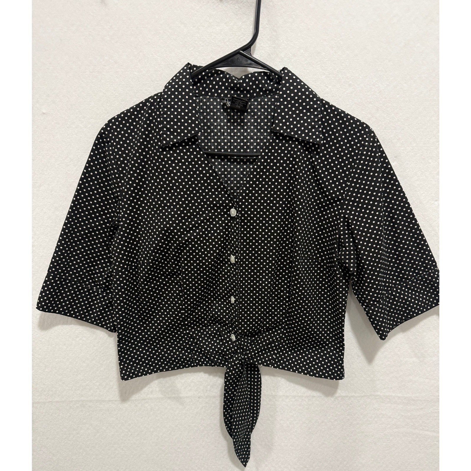 Rafaella Vintage Polka Dot Tie Front Crop Top Black White Short Sleeve Blouse 8