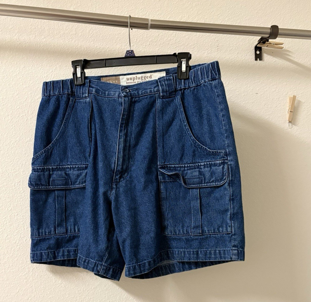 Vintage 90s Savane Cargo Denim Jean Shorts Blue Women&rsquo;s 38W Elastic Waist Retro