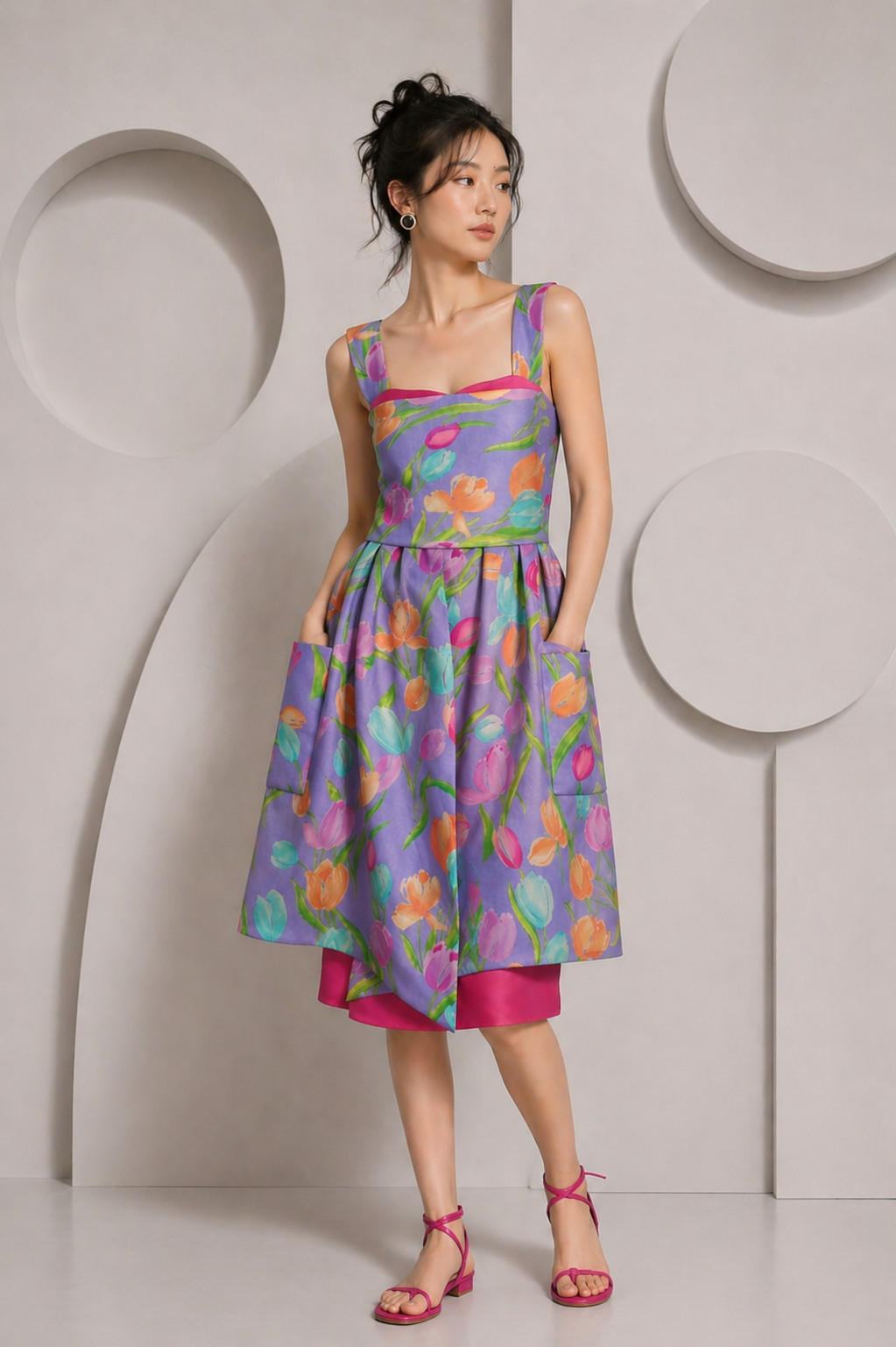 PIERRE CARDIN- 1989 Floral Print Silk Gazar Dress, Size 6