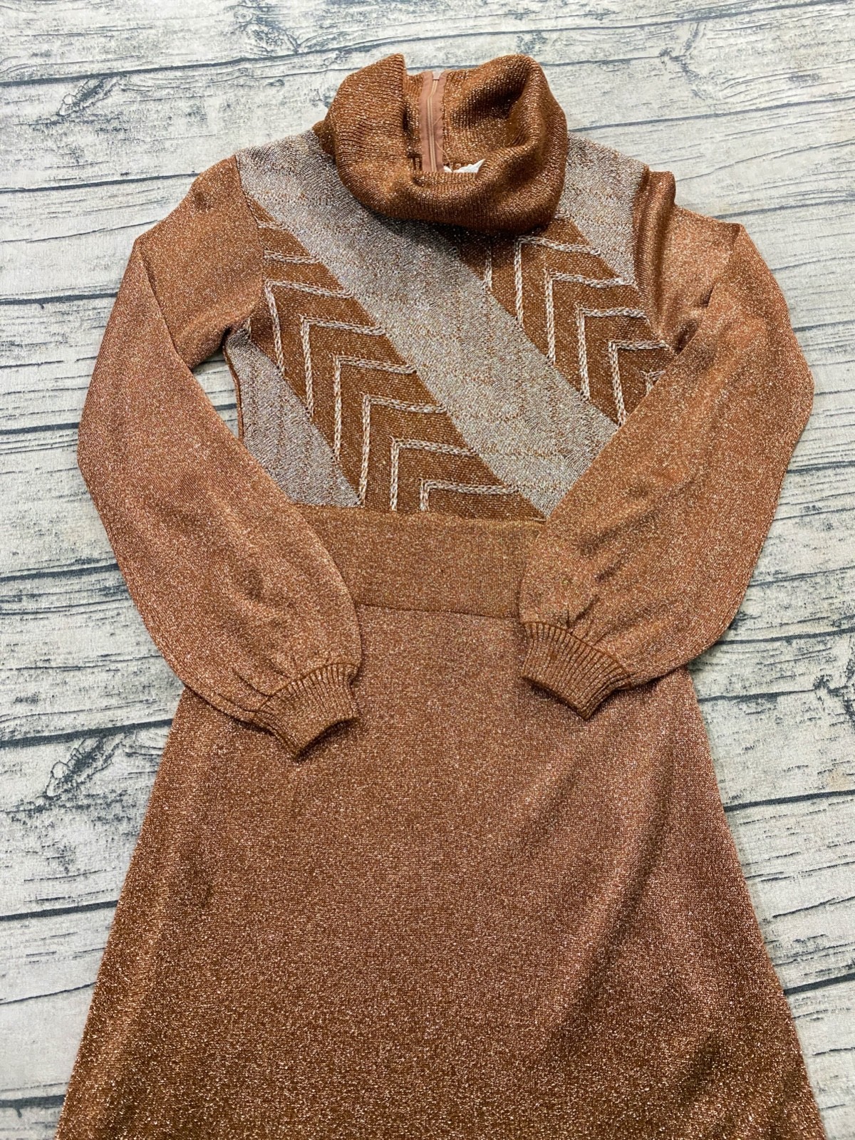 VTG 70s Wenjilli Copper Metallic Disco Slinky Knit Lurex Glitter Dress 13/14