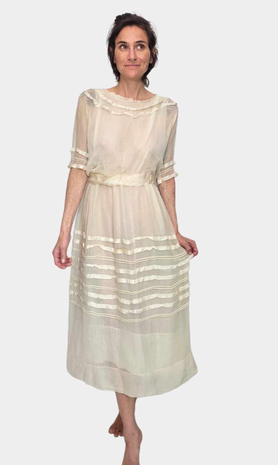 1910s Ivory Silk Chiffon Dress | Edwardian Tea Dress | Sheer Ribbon Trim Antique