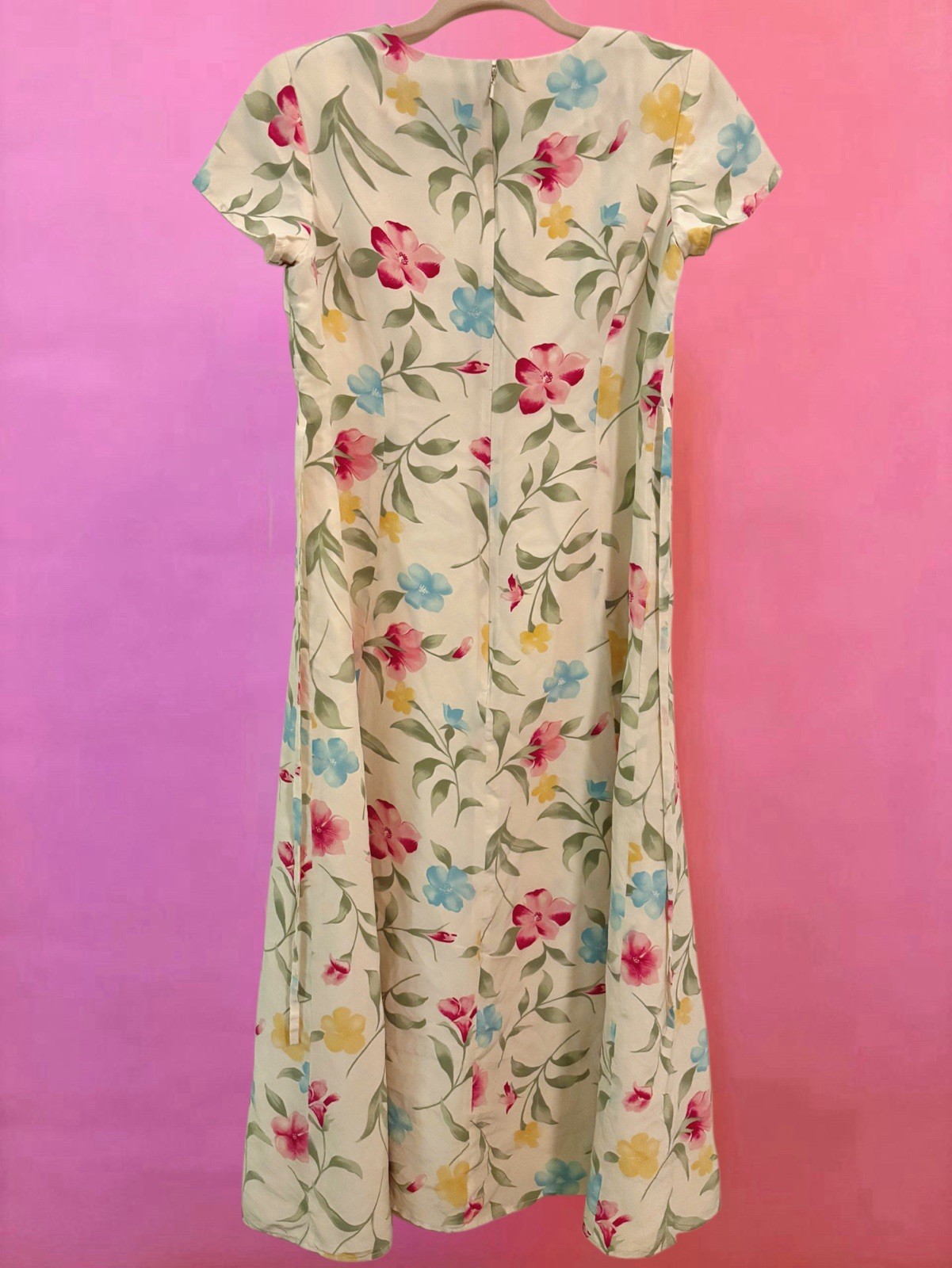 Vintage 80s 90s Patrick Petite 100% Silk Butter Yellow Pink Floral Maxi Dress 6P