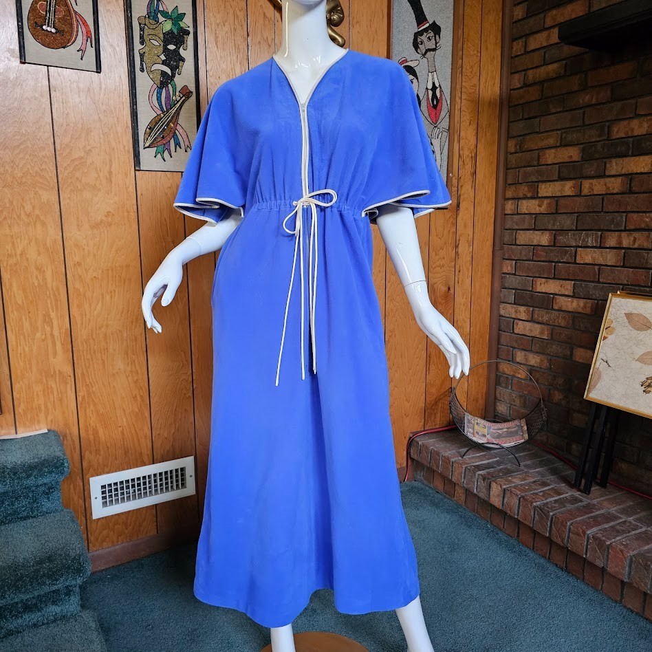 Vtg 70s Fleece Angel Wing Caftan Vanity Fair Lounge Maxi Pool Party Dress S/M