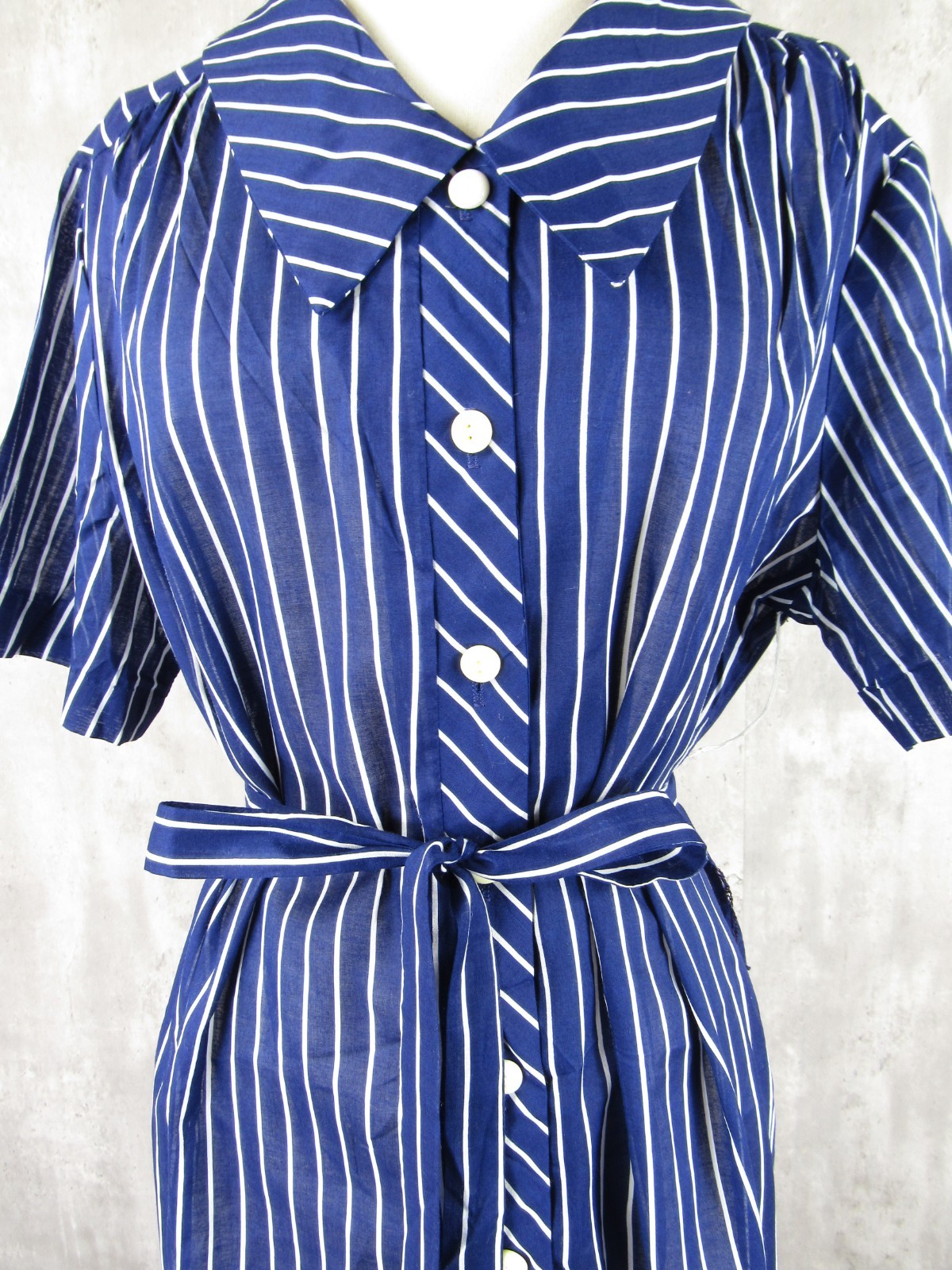 Vintage 40s 50s NEW NOS Blue White Striped Cotton Shirtdress Belted XL Bust 50&Prime;