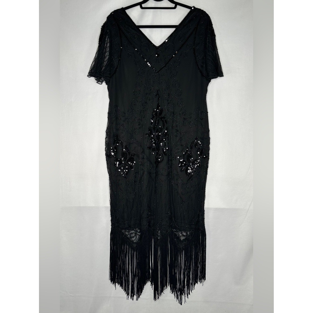 Pretty Guide Retro Dress Black Sequins Fringe V-neck Great Gatsby Sz 3 XL