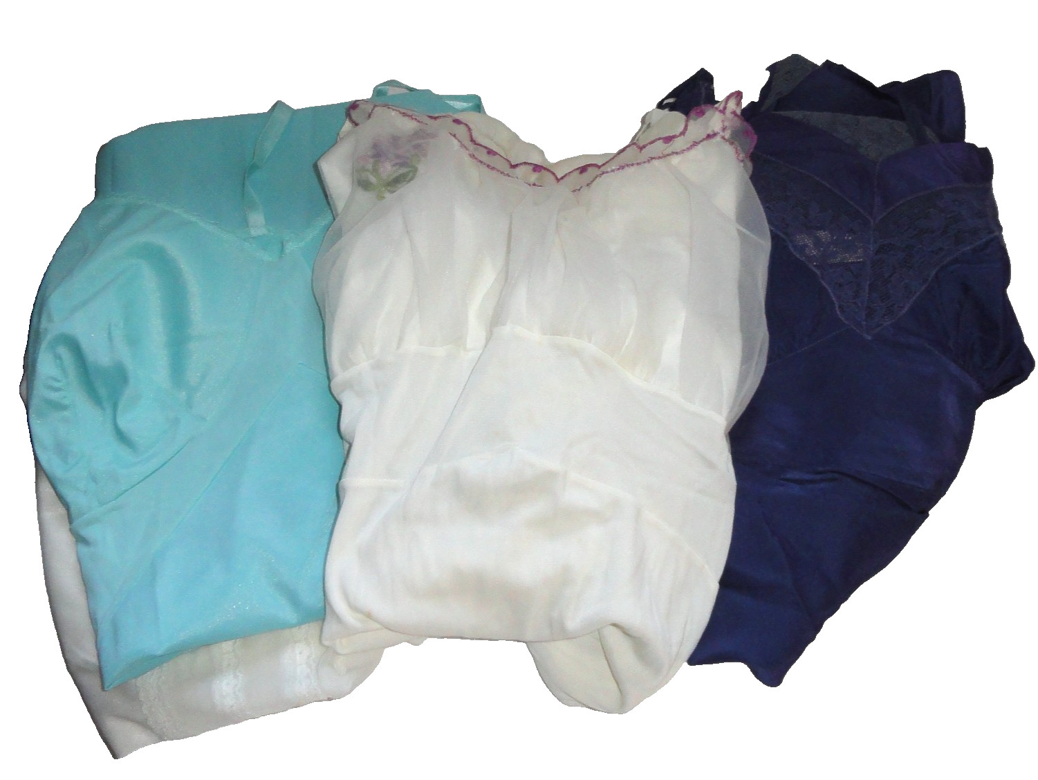 4 Vintage Slips Lingerie ~ Full in Navy Teal Cream Corsage Vanity Fair Philmaid