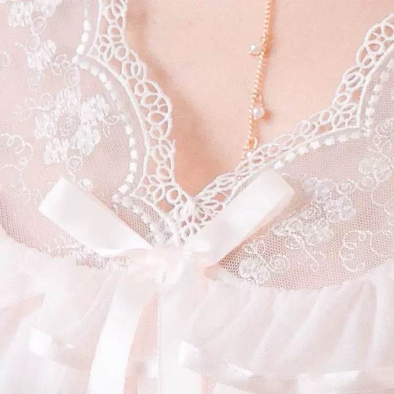 E9 Vintage Sheer Ruffle Nightgown Lace Trim Midi Dress Soft Pink Romantic