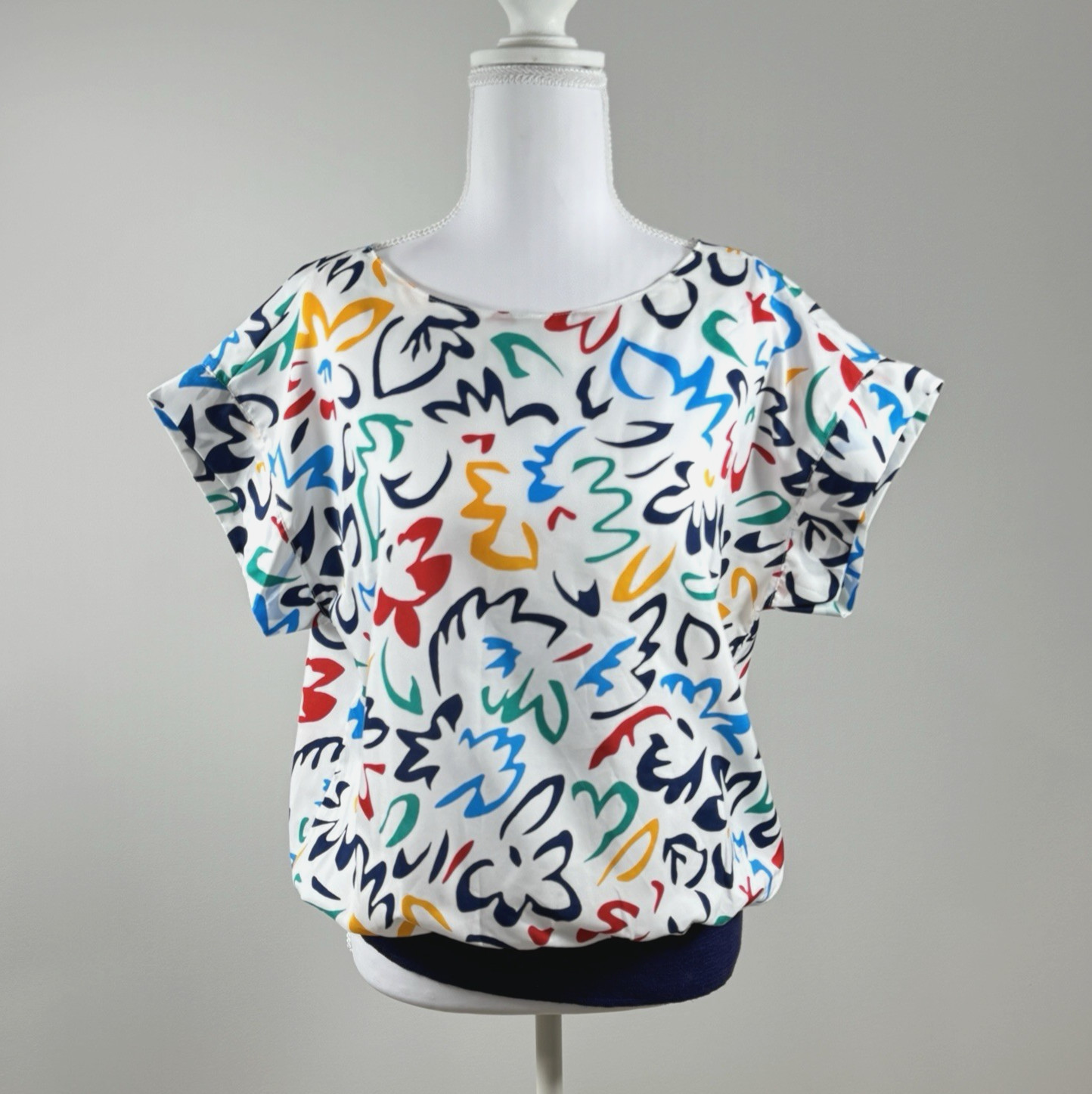 Vintage 80s Abstract Print Retro Colorful Blouse Judy Bond 14 USA Squiggle Art