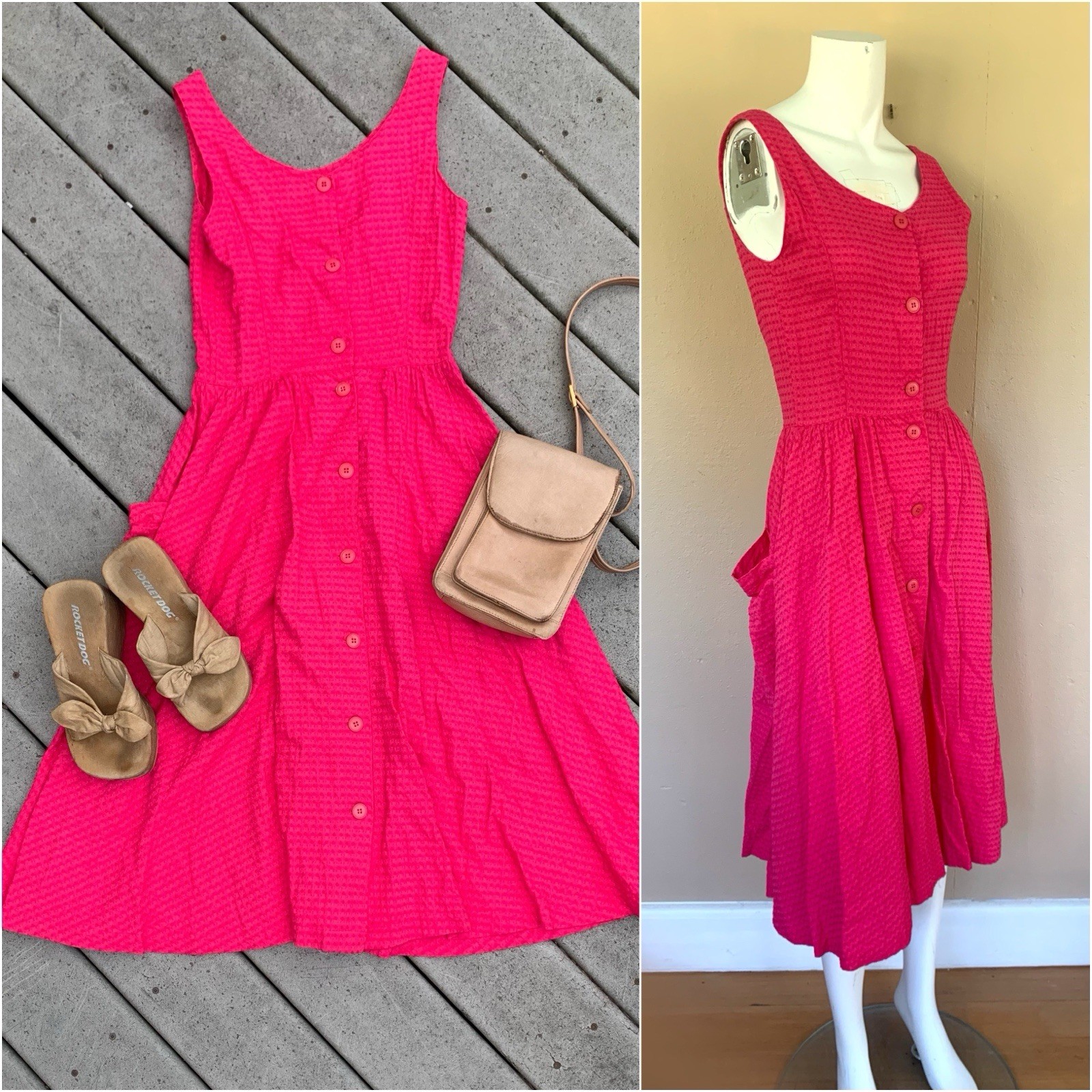 Vintage 90’s Button Up A-Line Midi Dress | Sleeveless Babydoll Dress w Pockets
