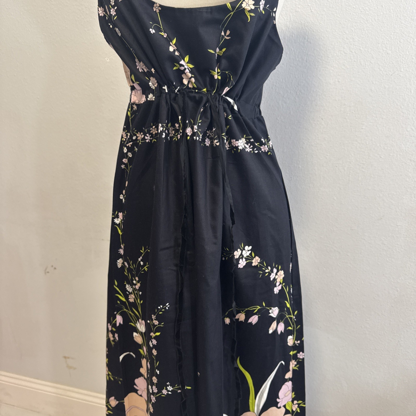 Vtg Dutchess Individually Yours Maxi Dress M Black Floral Babydoll Cottagecore