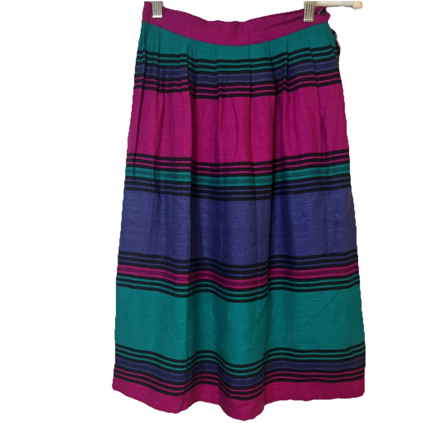 Vtg 70s 80&rsquo;s Midi Skirt USA Russ XS Pleated A-Line Stripes Southwestern Academia