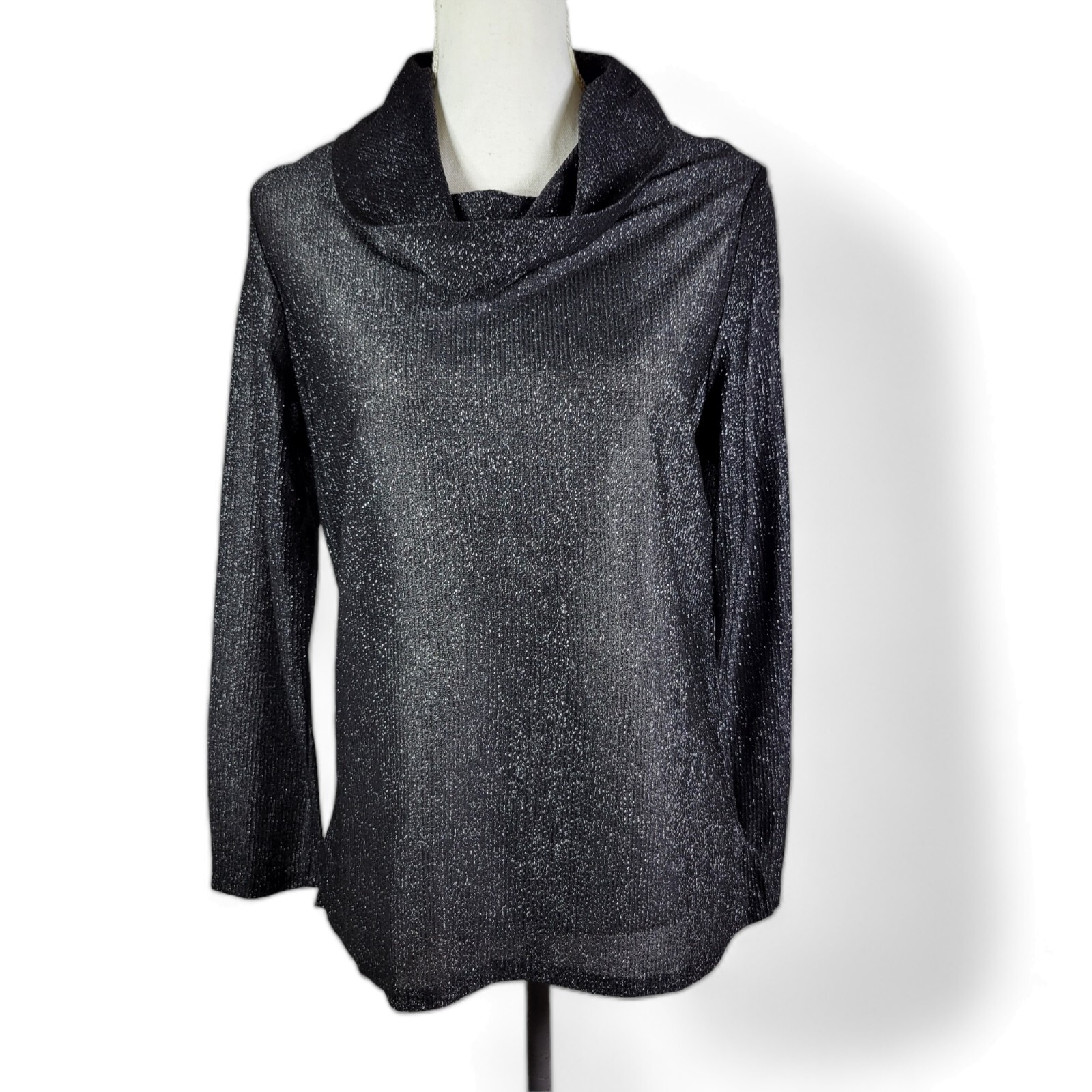 Vintage Jane Holly Womens Blouse Metallic Black Sheer Disco Cowlneck 60s Sz 16