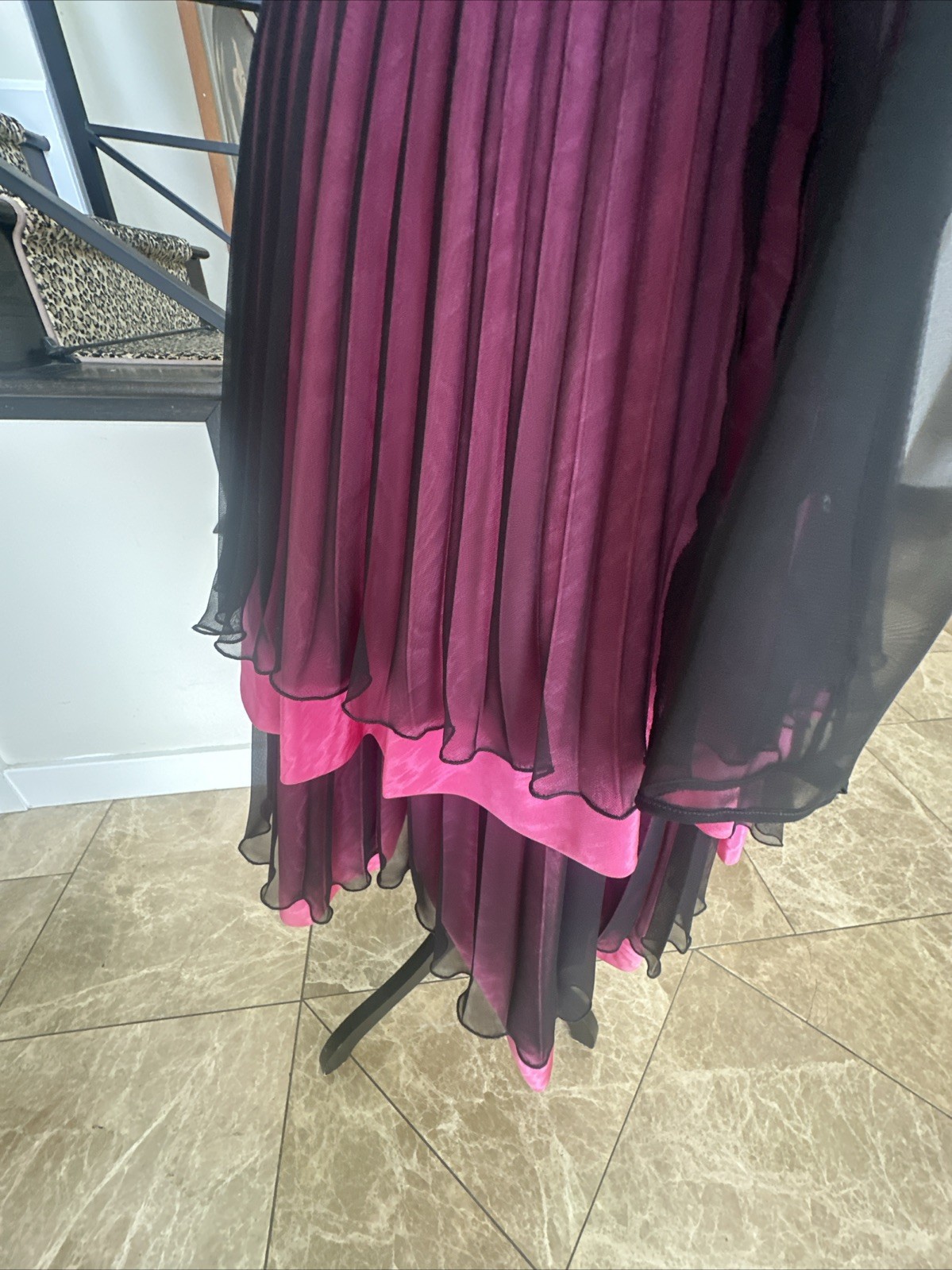 Guy Laroche 80s Pink Moire & Black Chiffon Corseted Tiered Pleated Dress 40