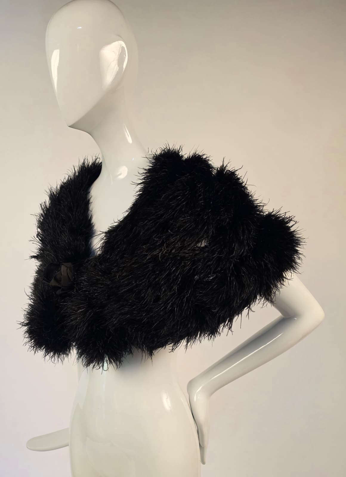 VICTORIAN 19TH C BLACK OSTRICH FEATHER CAPE FOR DRESS W SILK BOW FRONT