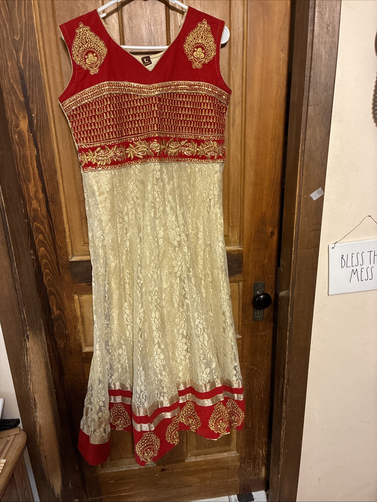 Vintage Made India White diamond Lace Red Velour Gold Embroidered Beaded Dress