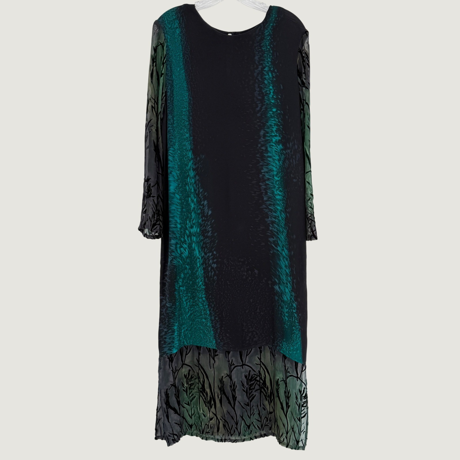 Vintage Flowy Column Maxi Dress Silk Chiffon Black Green Burnout Velvet Sheer M