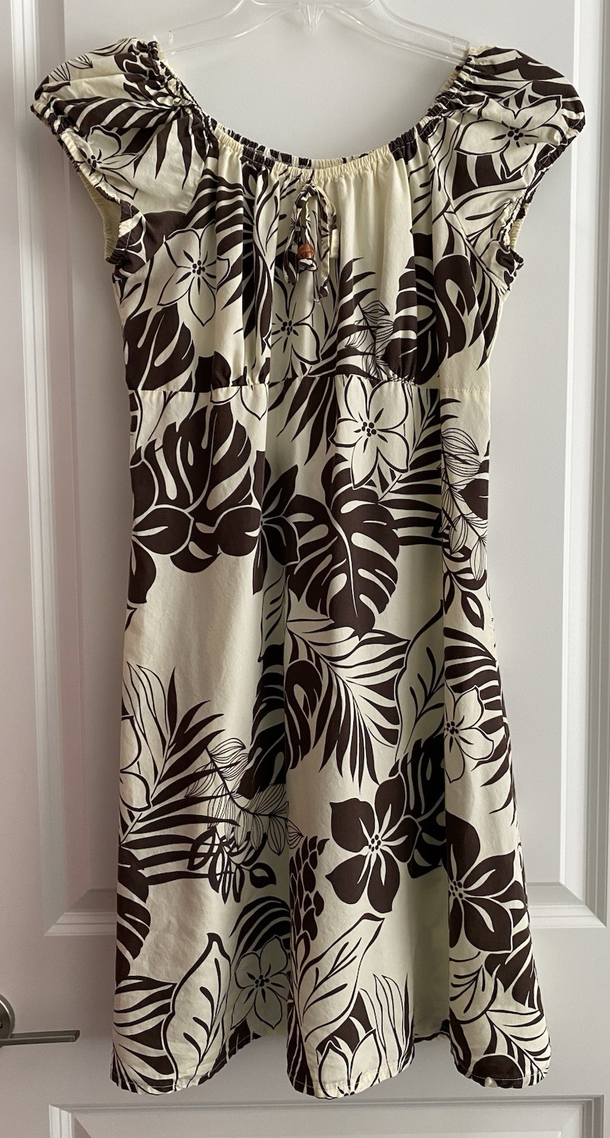 Vintage M.D FASHION Rayon Hawaiian Peasant Dress S Made In Hawaii Tan Brown