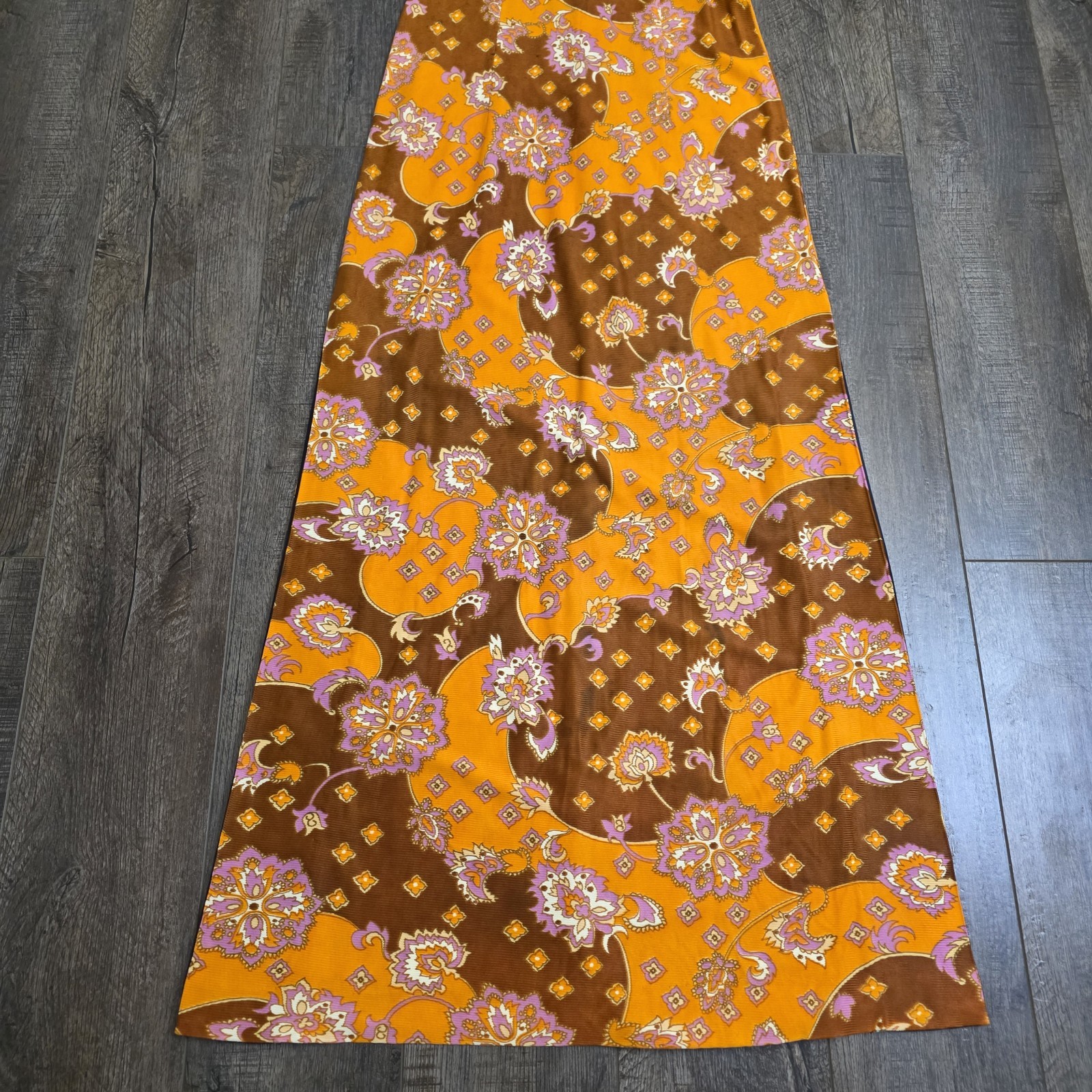 Vintage 60s 70s Maxi Dress Size 11 Orange Brown Floral Hippy Psychedelic Acetate