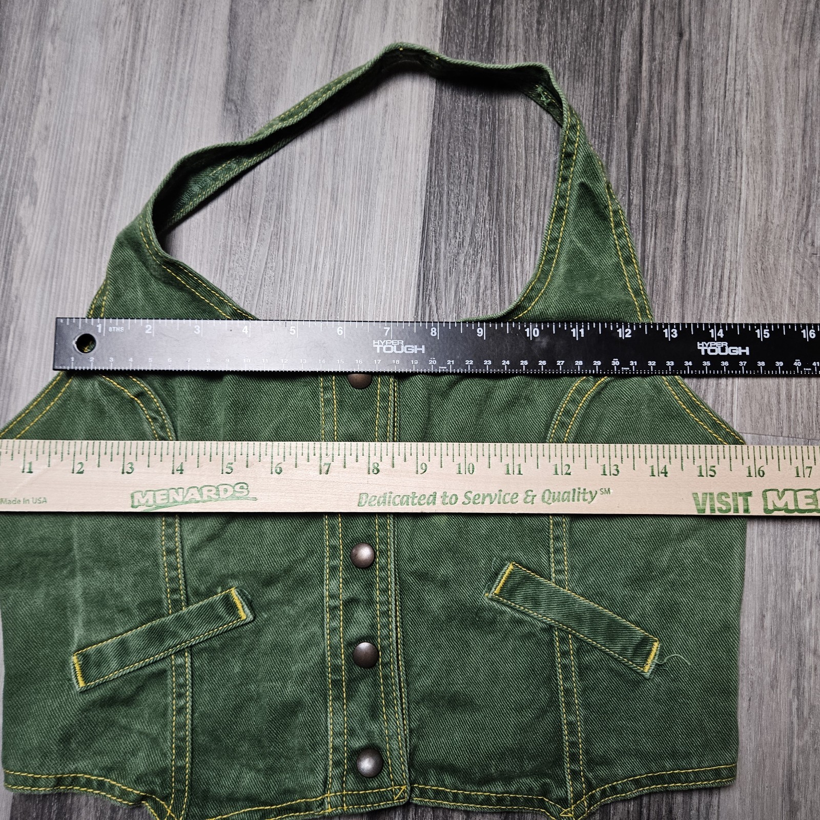1970&rsquo;s Green Denim Halter Top Snaps Open Back Vintage Y2K Size 13